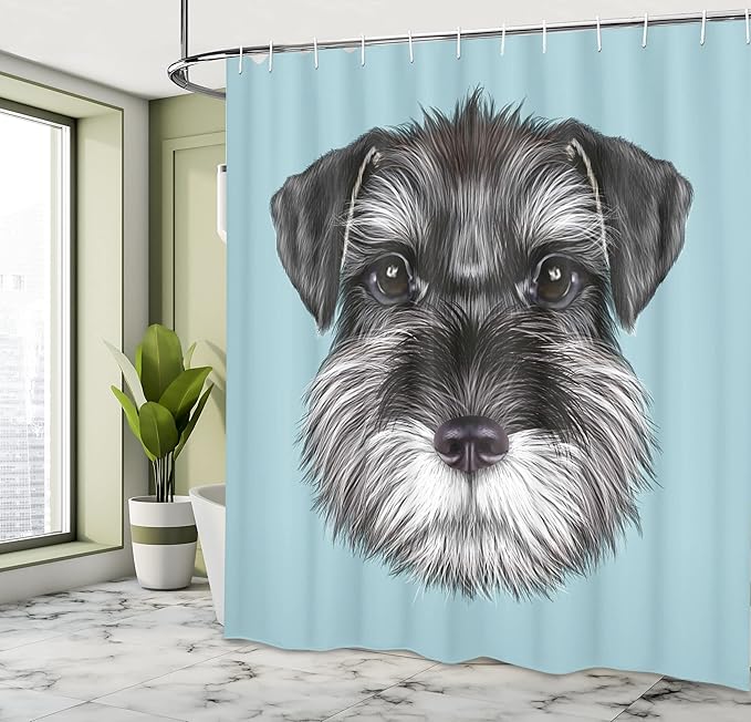 Ambesonne Animal Shower Curtain, Illustration of a Schnauzer on Blue Background Puppy Portrait, Cloth Fabric Bathroom Decor Set with Hooks, 69" W x 75" L, Pale Blue White Black