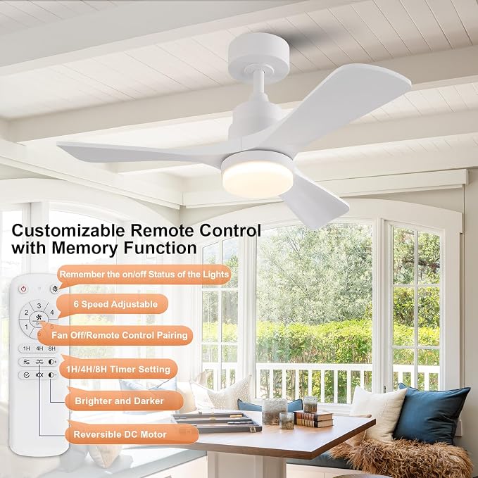 36 Inch Ceiling Fan with Light | 3 Blades, Solid Wood, Modern Indoor Outdoor, Dimmable LED, Remote Control
