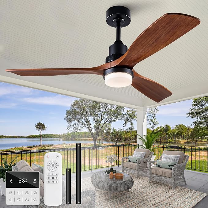 52 Inch Outdoor Ceiling Fans with Lights and Remote Control, Dimmable Outdoor Ceiling Fans for Patios 3 Blade Wood Black Walnut Bedroom Ceiling Fan with Light, Wall Switch