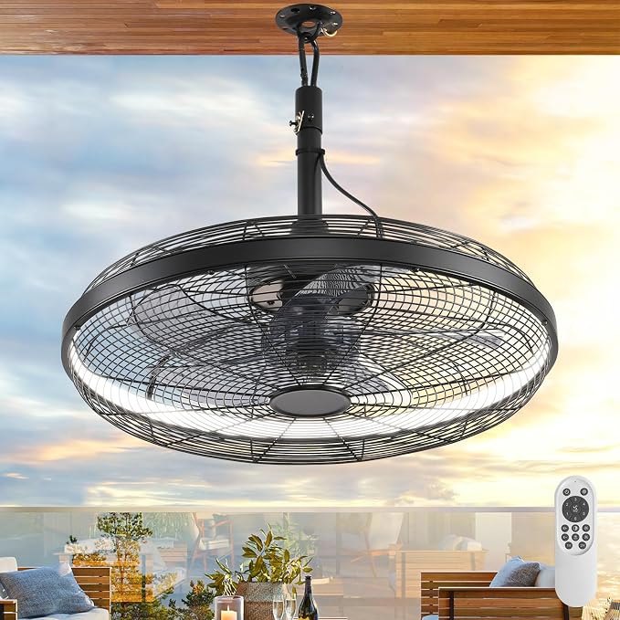 AHAWILL Outdoor Ceiling Fans with Lights, 20'' Gazebo Fan, Plug in Ceiling Fan for Patios, Pergola, Ceiling Fan with Remote Control, Hanging with Hook,Black