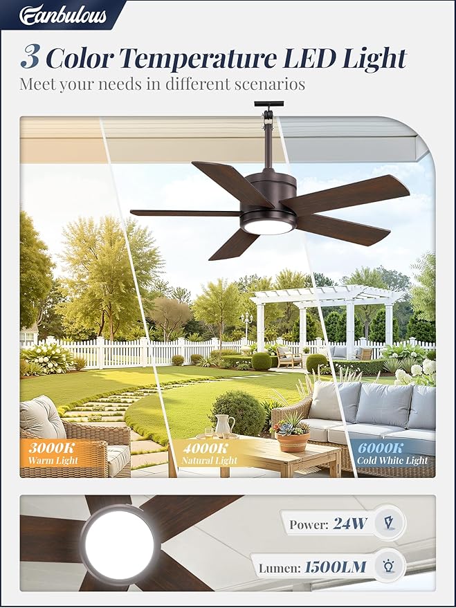 Fanbulous 42" Outdoor Ceiling Fan with Light and Remote, IP65 Waterproof, Plug-in Design with 10FT Cord, 6-Speeds, 3CCT, Hook Hanging Fan for Gazebo Patio Porch Garage Canopy(Oil Bronze)