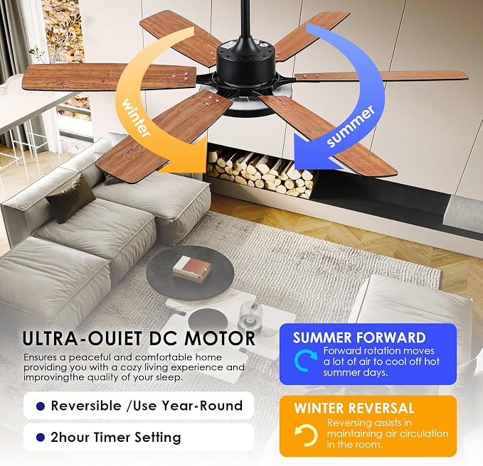 Hounberi 52 Inch Ceiling Fans with Lights and Remote, Modern Black Ceiling Fan with Light, Quiet DC Reversible Motor, 3CCT Dimmable, Modern Indoor Outdoor Ceiling Fan for Bedroom, Living Room