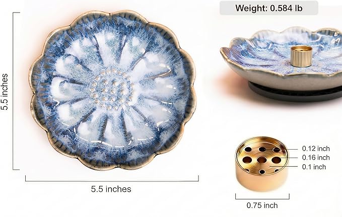 Pinehaven Incense Holder and Burner, Japanese Ceramic Incense Stick Holder with Ash Catcher, 5.5 Inch Blue Tray, Solid Brass 9-Hole Insert for Palo Santo, Sage, Zen Meditation Home Decor