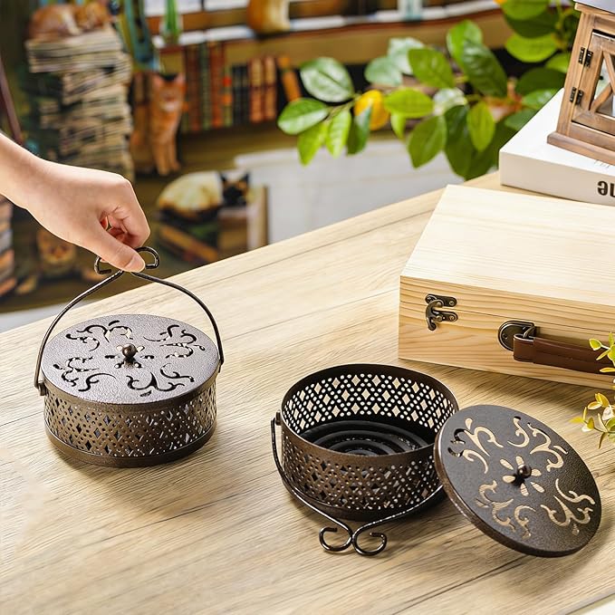 Lallisa Incense Coil Holder Sets, Round Metal Hanging Incense Burner with Handle and Lid, Portable Coil Burner Stand Container for Patio Camping Garden Home Indoor Outdoor Decor(Bronze Color,2 Pcs)