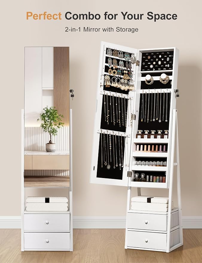 Nicetree Jewelry Cabinet Armoire with 2 Drawers, Lockable Standing Mirror Jewelry Cabinet, Full Length Mirror with Jewelry Storage, Gift Idea, Pure White