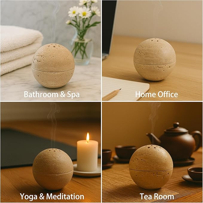 Natural Stone Sphere Incense Holder: 4" D Hand-Carved Aromatherapy Burner for Yoga, Meditation & Relaxation, Elegant Multi-Hole Design, Beige Travertine