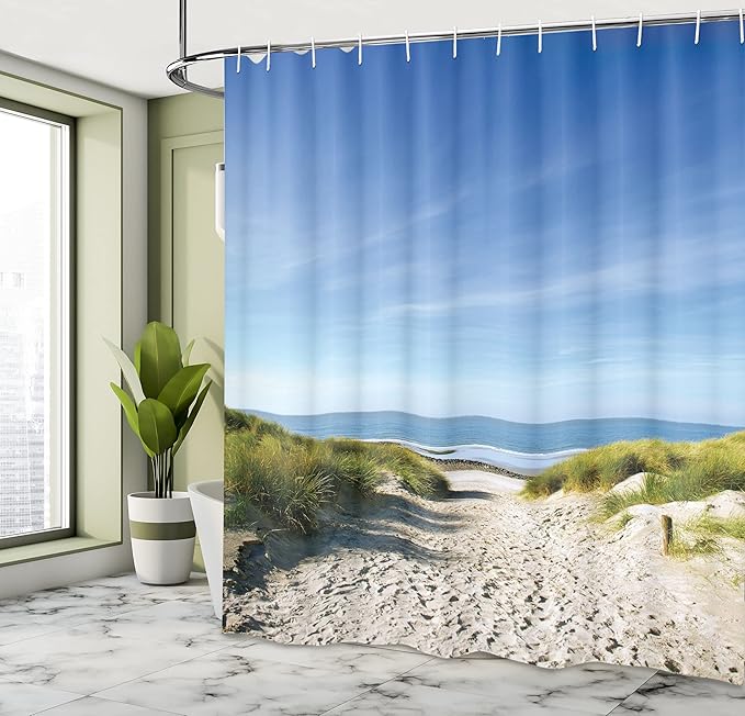 Ambesonne Ocean Shower Curtain, Path to The Ocean Sky Sandy Seaside Shore Getaway Relaxing Summertime, Cloth Fabric Bathroom Decor Set with Hooks, 69" W x 84" L, Brown Sky