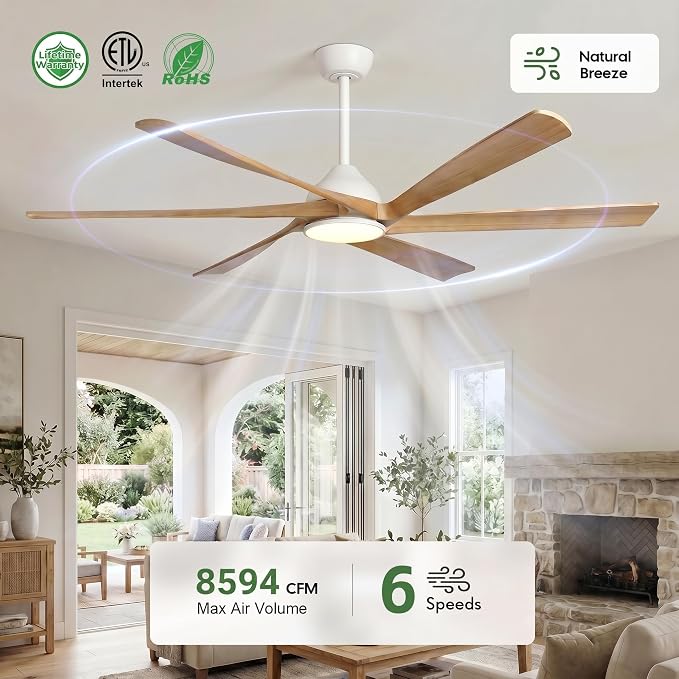 72 Inch Smart Outdoor Ceiling Fan with Light, Remote/Alexa/APP Control, 6 Solid Wood Blades, ETL Listed Quiet DC Motor, 8594 CFM Large Airflow, Damp Rated for Indoor Exterior Porch Gazebo Garage
