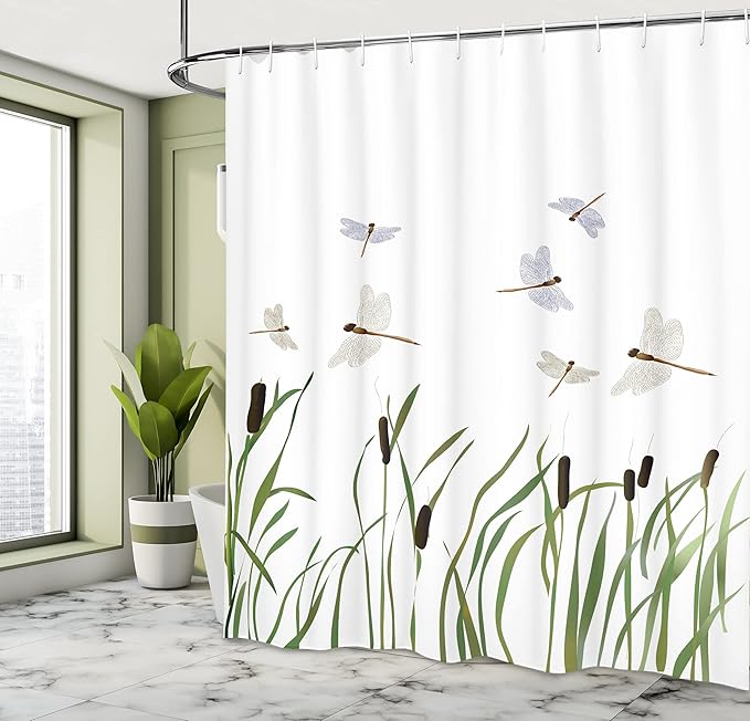 Ambesonne Dragonfly Shower Curtain, Flying Small Dragonflies Over Tall Reeds Botanical Environmental Graphic, Cloth Fabric Bathroom Decor Set with Hooks, 69" W x 75" L, Purple Green