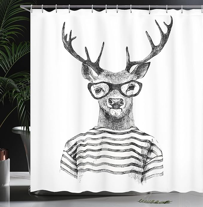 Ambesonne Deer Shower Curtain, Monochrome Sketch Dressed Reindeer Headed Human Hipster Style Glasses Stripped Shirt Portrait, Cloth Fabric Bathroom Decor Set with Hooks, 69" W x 75" L, Charcoal Grey