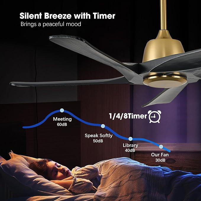52 Inch Solid Wood Ceiling Fan No Lights, Remote and APP Control, DC Motor, 6-speed Reversible, for Bedroom, Living Room, Office, Black Gold