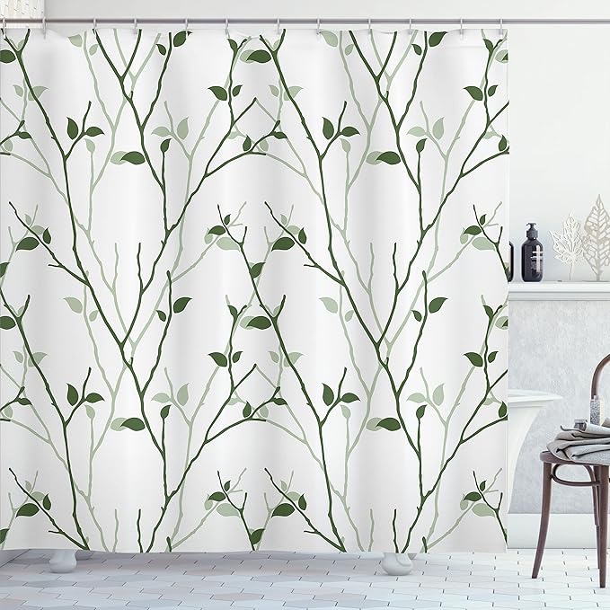 Ambesonne Leaf Shower Curtain, Branches in The Fall Trees Stem Twig Last Few Leafage Minimalistic Design Art, Cloth Fabric Bathroom Decor Set with Hooks, 69" W x 75" L, Reseda Green
