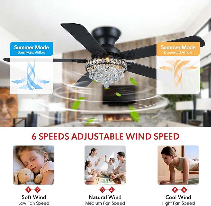 GJeg Crystal Ceiling Fan Fandelier with Lights-Ceiling Fans with Remote Control,Modern Ceiling Fan with Noiseless DC Reversible Motor,Dining Room,Living Room(52" Black)