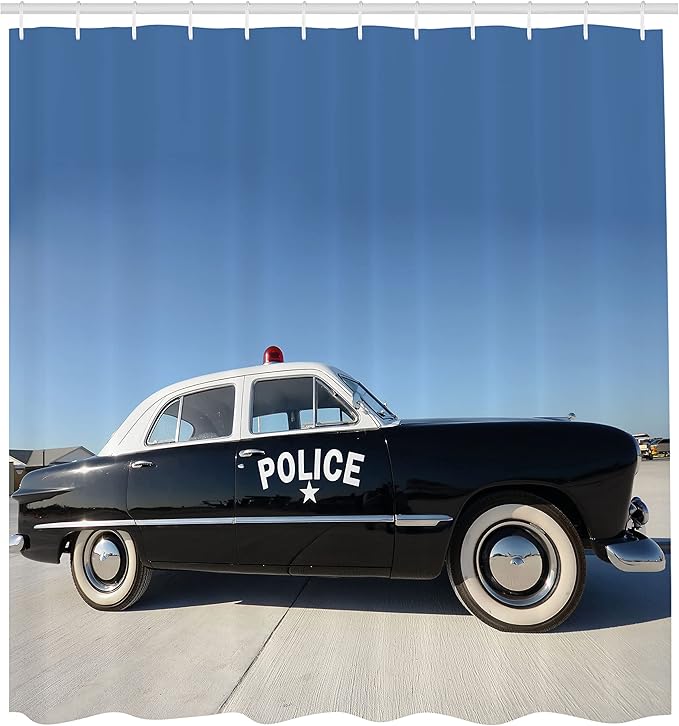 Ambesonne American Shower Curtain, Side View of a Parked Old American Police Car and The Sky Digital Print, Cloth Fabric Bathroom Decor Set with Hooks, 69" W x 70" L, Blue Beige and Black