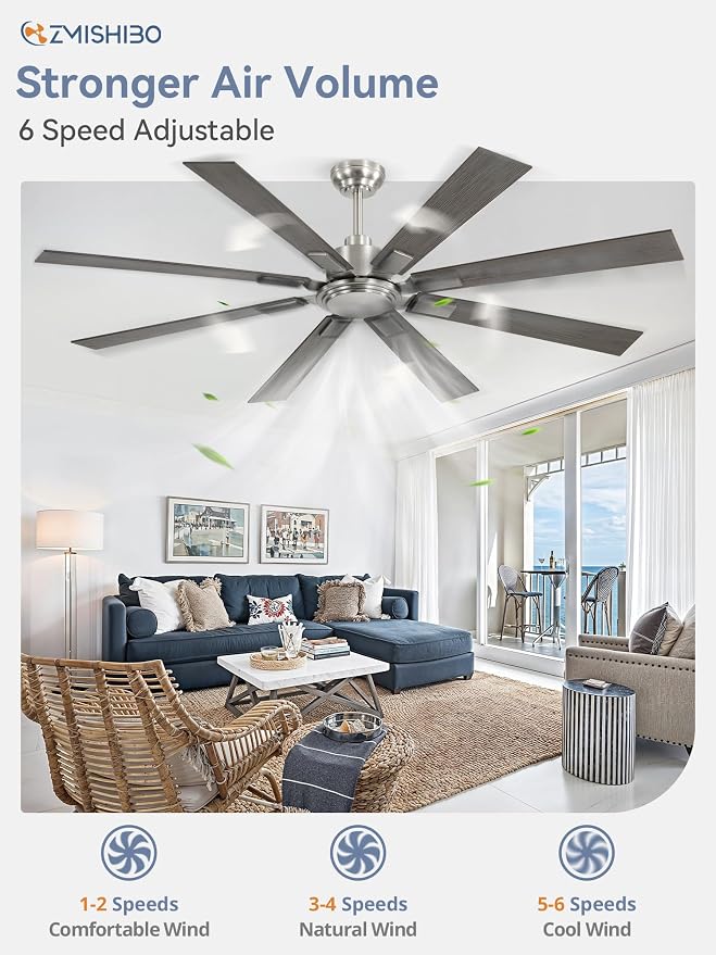 65 Inch Brushed Nickel Modern Ceiling Fan No Light with Remote, Outdoor Ceiling Fans Without Light with Quiet Reversible DC Motor, 6 Speeds, 8 Blades Large Ceiling Fan for Patios, Living Room, Garage