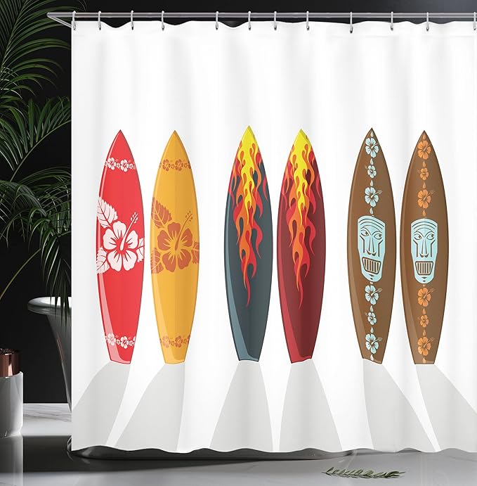 Ambesonne Surfboard Shower Curtain, Boards Hawaiian Patterns and Active Full of Life Summer Swim Composition Print, Cloth Fabric Bathroom Decor Set with Hooks, 69" W x 75" L, Burgundy Brown