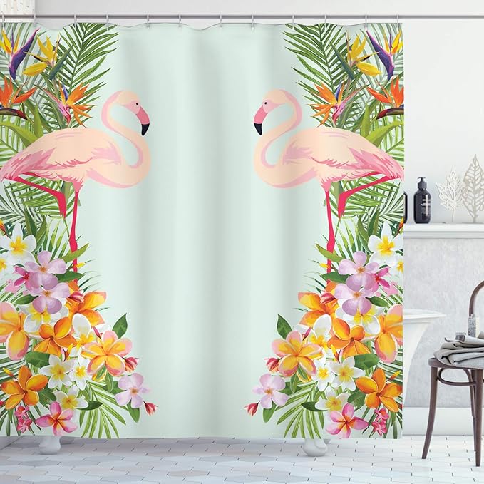 Ambesonne Floral Shower Curtain, Flamingo Birds and Tropical Flowers Exotic Hawaiian Wildlife Animals Print, Cloth Fabric Bathroom Decor Set with Hooks, 69" W x 70" L, Pale Blue Orange