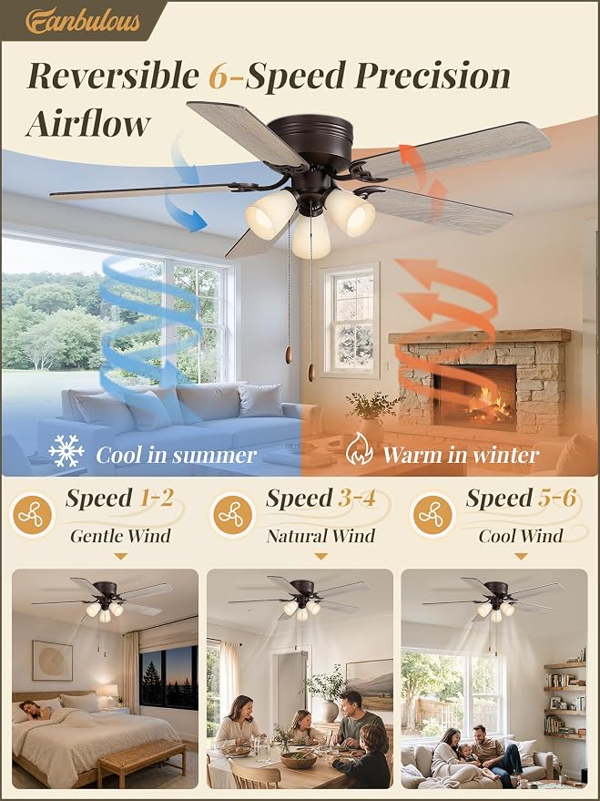 Fanbulous 52" Flush Mount Ceiling Fan with 3 Lights, DC Motor, Oil Bronze | 6-Speed Timer, Shatterproof PP Shades, Remote & Pull Chain Control, Vintage for Bedroom, Living Room, Dining Room