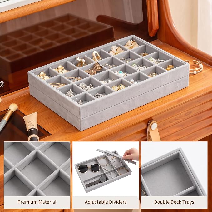 Frebeauty Jewelry Trays for Drawer,Set of 2 Jewelry Organizer and Storage | Velvet Material,Stackable,Adjustable Dividers,Drawer Inserts for Rings Studs Bracelet,Earring Organizer for Women Girls
