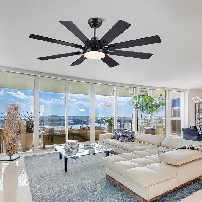 Kviflon 52 Inch Ceiling Fans with Lights, Modern Black Ceiling fan with light for Bedroom Living Room Indoor Outdoor, Remote/APP Control, Reversible Quiet DC Motor, Dimmable LED, 8 Wooden Blades