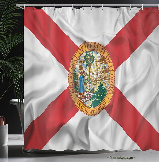 Ambesonne American Shower Curtain, Florida Flag Land of Sunshine Flowers Palms Rivers and Lakes Steamboat, Cloth Fabric Bathroom Decor Set with Hooks, 69" W x 70" L, Red White Multicolor