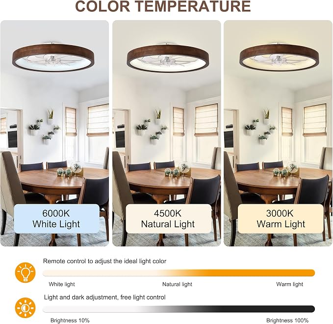 24” Low Profile Ceiling Fan with Light and Remote & APP Control | Dimmable LED,6 Speed,Reversible DC Motor,Solid Wood Frame Flush Mount Ceiling Fan with Light for Bedroom/Kidsroom/Dinng Room