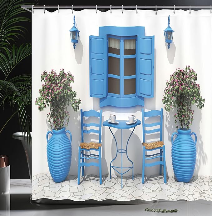 Ambesonne Shower Curtain, Traditional Greek Design Holiday Summer House with Flowers Window Image, Cloth Fabric Bathroom Decor Set with Hooks, 69" W x 84" L, Navy Blue