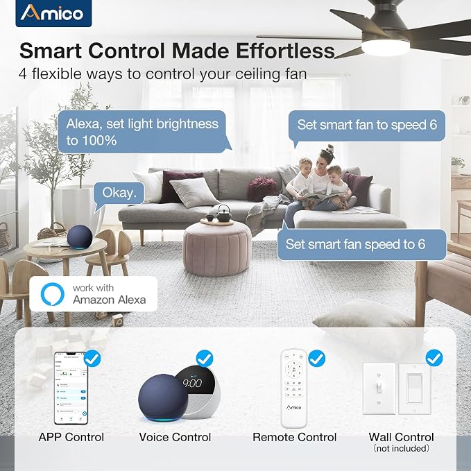 Amico 42 inch Smart Ceiling Fans with Lights, Small Low Profile Ceiling Fan, Remote/Alexa Voice Control, Flush Mount, Reversible DC Motor, 5 Blades, 6 Speeds, 3CCT, Dimmable, Noiseless, Bedroom, Black