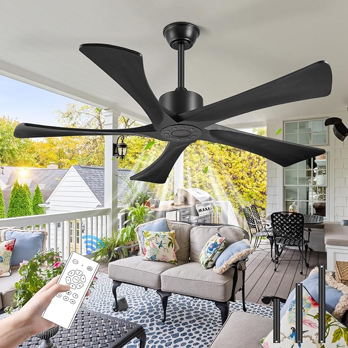 52 Inch Ceiling Fans Without Lights, USA Original Patent Outdoor Ceiling Fan No Light, 5 Wood Blades, ETL Listed, 6 Speeds Quiet DC Motor Modern Fan with Remote for Patios, 52", Matte Black