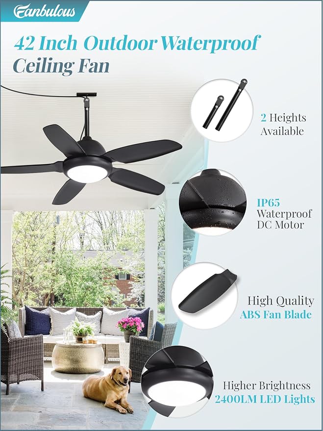 Fanbulous 42 Inch Waterproof Outdoor Ceiling Fan with Lights and Remote,IP65 Hanging Gazebo Fan with 3CCT 6-Speed DC Motor,Black Wet Rated Plug in Ceiling Fan with Cord for Patios Porch Pergola | IP65 Wet Rated, 3CCT Dimmable Light,Remote Control,6-Spe...
