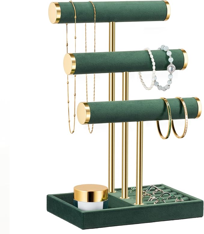 Jewelry Organizer Stand Display, 3 Tier Velvet Bracelet Holder, Green | Jewelry Organizers and Storage | Jewelry Tree | Jewelry Towers for Necklaces, Bracelets, Earrings, Rings