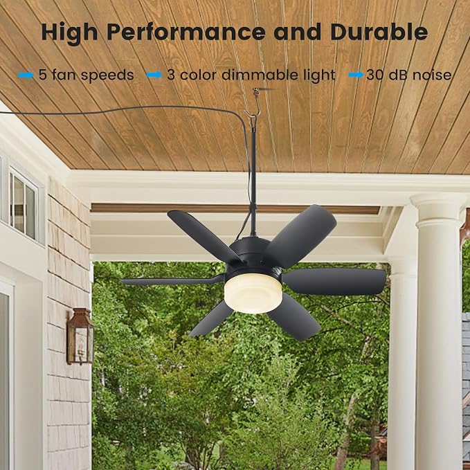 Fanspex 20.5'' Plug in Ceiling Fan with Light for Gazebo Patio Canopy Tent | 5 Fan Speeds with Adjust Lighting for Porch RV Cooling or Air Circulation, Black