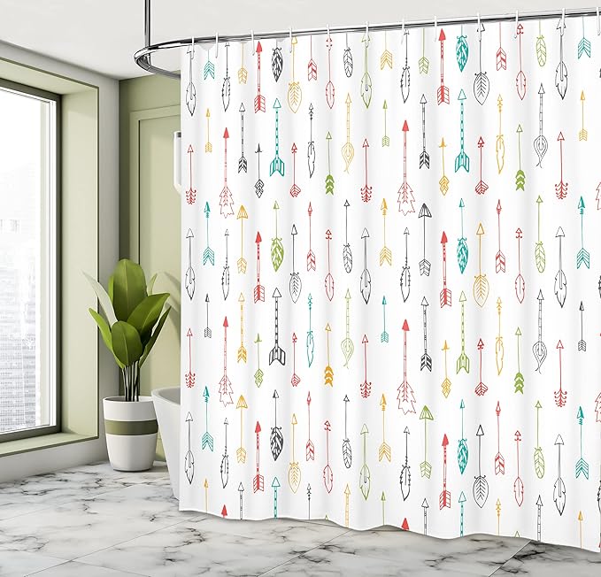 Ambesonne Arrows Shower Curtain, Colorful Hand Drawn Doodle Style Fun Art with Boho Style Arrows Vertical Pattern, Cloth Fabric Bathroom Decor Set with Hooks, 69" W x 84" L, Yellow Green