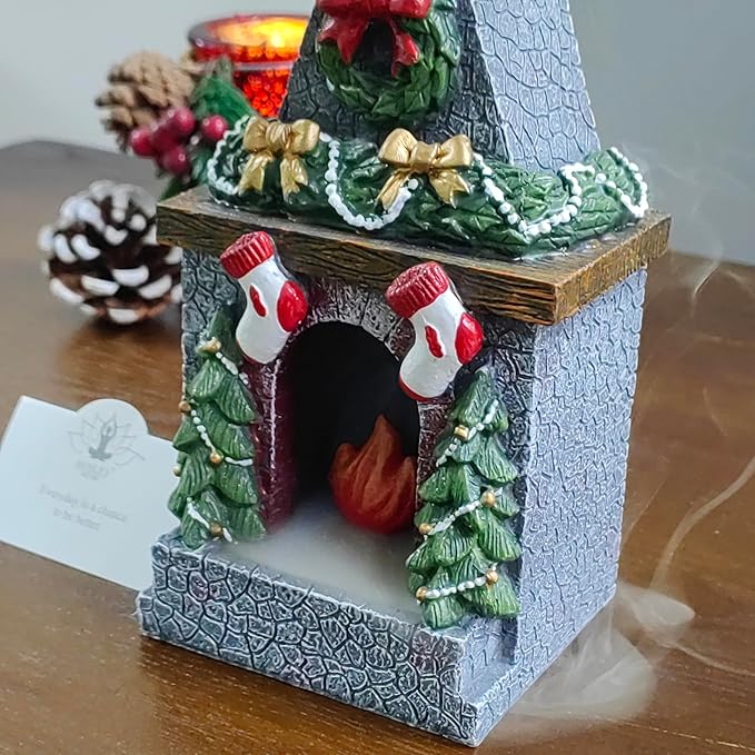 Hosley Resin Backflow Incense Holder and Burner - 7 Inch Christmas Fireplace Smoke Fountain Statue for Home Decor with 20 Apple Cinnamon Cones, Ideal for Meditation, and Relaxation