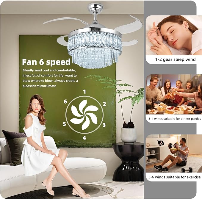 Retractable Crystal Ceiling Fan with Lights, Bluetooth Ceiling Fan with Speaker, 6-Speed Reversible Blades, RGB-LED Light, Remote & APP Control Crystal Chandelier for Bedroom Living Room 42"