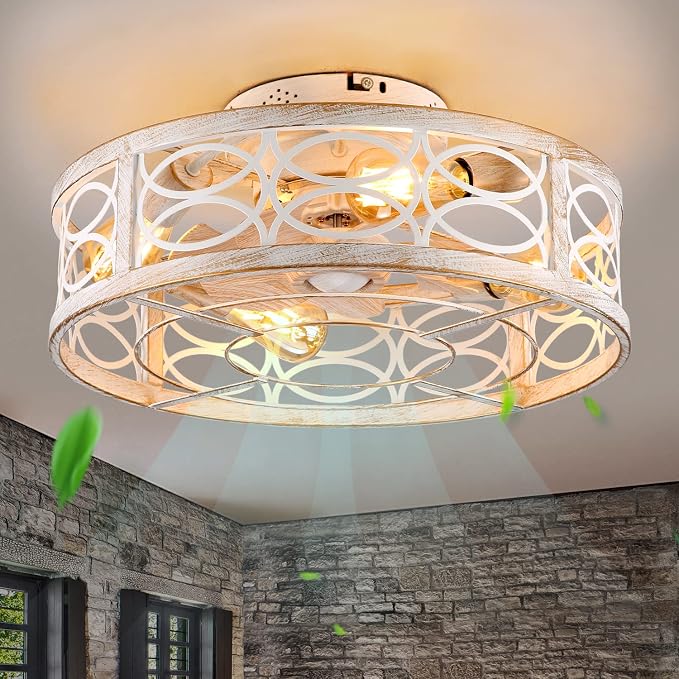 20" Caged Ceiling Fan With Light And Remote，bladeless Ceiling Fan 6 Speed Reversible With 4 Bulbs and Remote Control. With Lights for Bedroom, Dining Room