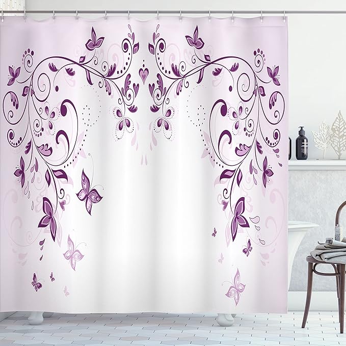 Ambesonne Purple Shower Curtain, Symmetric Victorian Period Inspired Spring Flower with Long Swirls Ceremony Woman, Cloth Fabric Bathroom Decor Set with Hooks, 69" W x 70" L, Violet