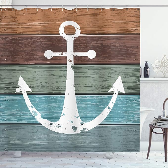 Ambesonne Anchor Shower Curtain, Rustic Nautical Themed Marine Pattern on Weathered Grungy Wooden Planks, Cloth Fabric Bathroom Decor Set with Hooks, 69" W x 75" L, Multicolor White