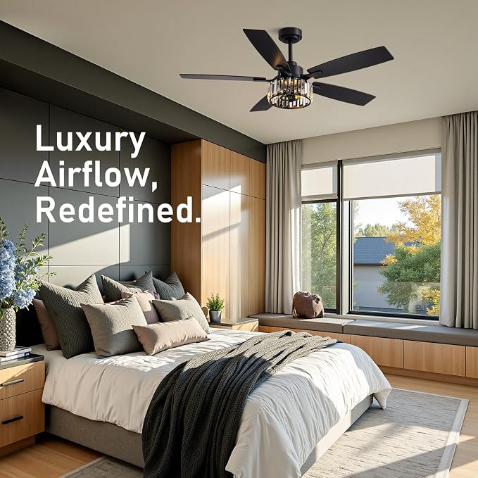 52 inch Crystal Fandelier Ceiling Fan with LED Lights, Chandelier Ceiling Fan with Remote and APP Control, Reversible Ceiling Fan for Indoor, Used in Bedroom, Living Room, Pation