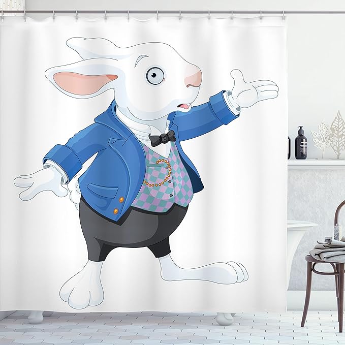 Ambesonne Alice in Wonderland Shower Curtain, White Rabbit is Talking Fictional Fantasy and Alice Themed Print, Cloth Fabric Bathroom Decor Set with Hooks, 69" W x 75" L, White Blue Black