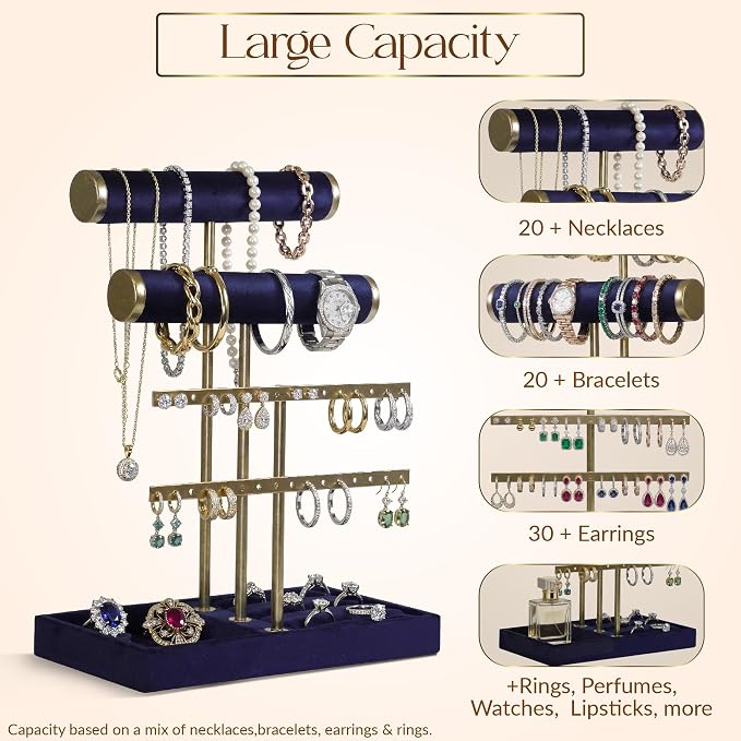 Jewelry Tower Stand Organizer for Women - Soft Touch Velvet Elegant Jewelry Holder Display with Necklace Holder, Earring Organizer & Bracelet Rack - Tabletop Stand for Dresser, Vanity, Desk - Blue