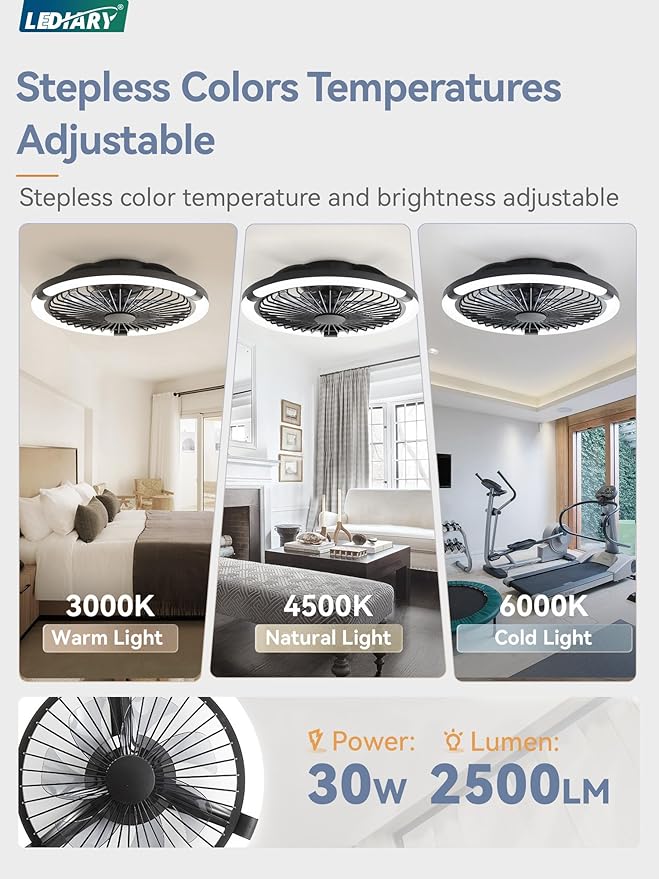 LEDIARY 20" Bladeless Ceiling Fan with Light,Low Profile LED Ceiling Fans with Remote & Smart APP Control,Modern Enclosed Flush Mount Fandelier with Timming,6 Speed,3000-6000K,Bedroom,Kids Room-Black