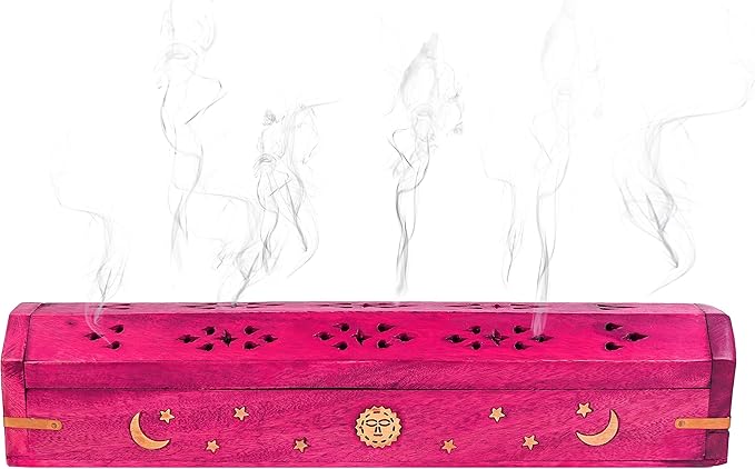 Incense Garden Pack of 2 Incense Stick Holder - Coffin Style - Wood Incense Stick Burner with Sun Moon Star Handmade with Brass Inlays (Pink)