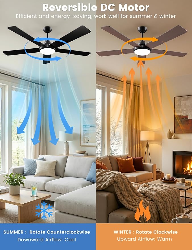 60 Inch Ceiling Fans with Lights and Remote/App Control: Black Ceiling Fan with Light, Quiet Reversible DC Motor, Dimmable Tri-Color LED, Modern Ceiling Fan for Bedroom/Patio, Indoor/Outdoor