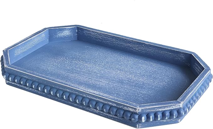 Hrastany Blue Wood Decorative Tray, Coffee Table Tray for Ottoman