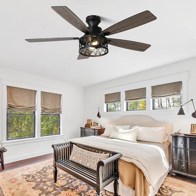 52'' Flush Mount Farmhouse Ceiling Fan with Light & Remote Control | Reversible Quiet DC Motor,6-Speed,Timer Dual-Sided Blades,Low Profile Industrial Caged Ceiling Fan for Bedroom Living Room