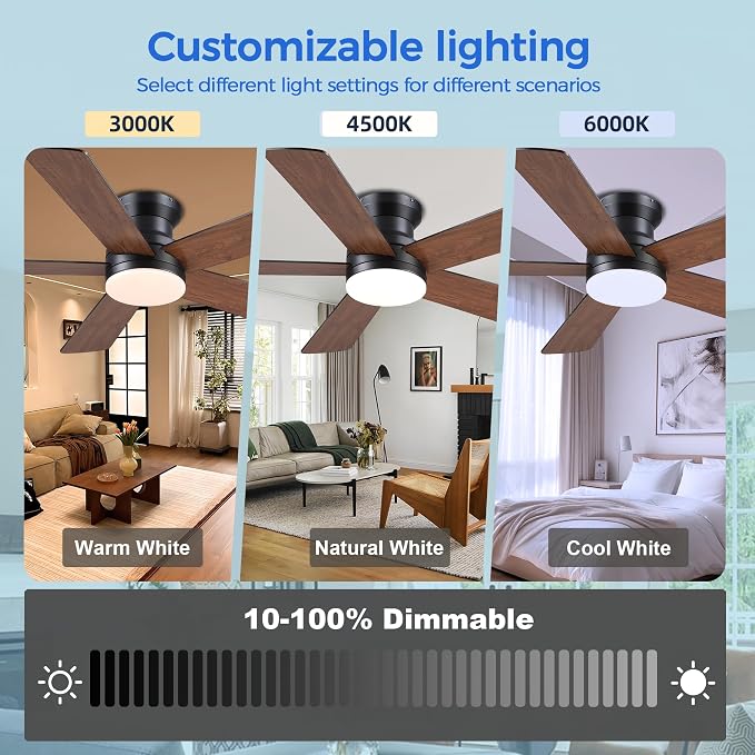 Ayaoty Flush Mount Ceiling Fan with Light and Remote/APP - 48" Low Profile Ceiling Fan with 3CCT Dimmable, 5 Reversible Blades, Modern Indoor Fan Light Fixtures for Bedroom, Kitchen