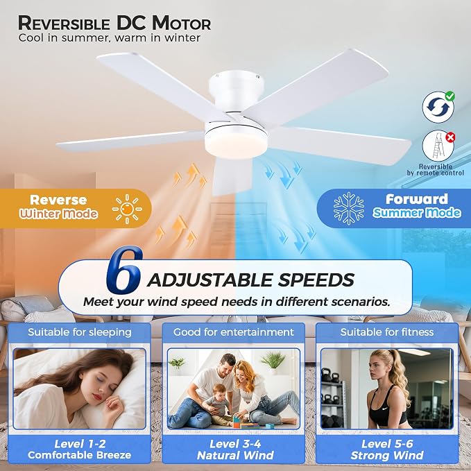 Ayaoty 48In Ceiling Fan with Light Flush Mount - White Low Profile Ceiling Fan Light with Remote/APP, 5 Reversible Dual-Sided Blades, Modern Fan Light for Indoor Bedroom, Covered Outdoor