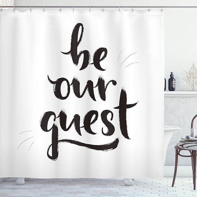 Ambesonne Be Our Guest Shower Curtain, Ink Brush Painting Style Calligraphic Words in Hand Written Print, Cloth Fabric Bathroom Decor Set with Hooks, 69" W x 84" L, White and Charcoal Grey