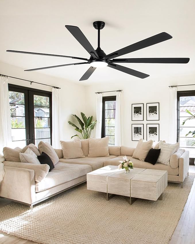 Minislak 84" Large Smart Ceiling Fan with Lights Remote Control via WiFi Alexa,6-Speeds Quiet DC Motor,Dimmable,Indoor Outdoor Black Ceiling Fan for Big Living Room,Covered Patio,Dual Finish 7 Blades